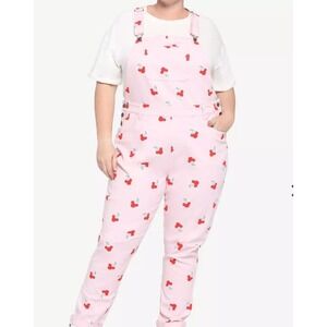 Disney Minnie Mouse Overalls Womens Size 3X Pink Cherry Print Denim Jean Bibs